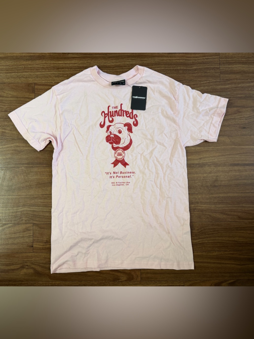 The Hundreds Light Pink Tee with Red Bulldog Graphic